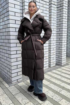 Длинное модное пальто на утином пуху с капюшоном