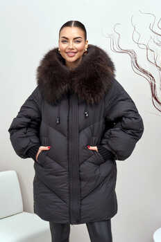 Длинный женский пуховик зима 2026 с мехом енота