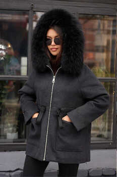 Зимний пуховик теплый шерстяной с мехом енота